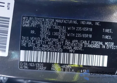 2021 Toyota Highlander Xle из США, поврежденный, VIN 5TDGZRBH5MS084959